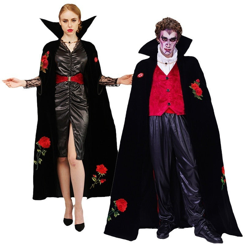 Costume de vampire brodé de roses pour Halloween, pour couple, pour spectacle sur scène