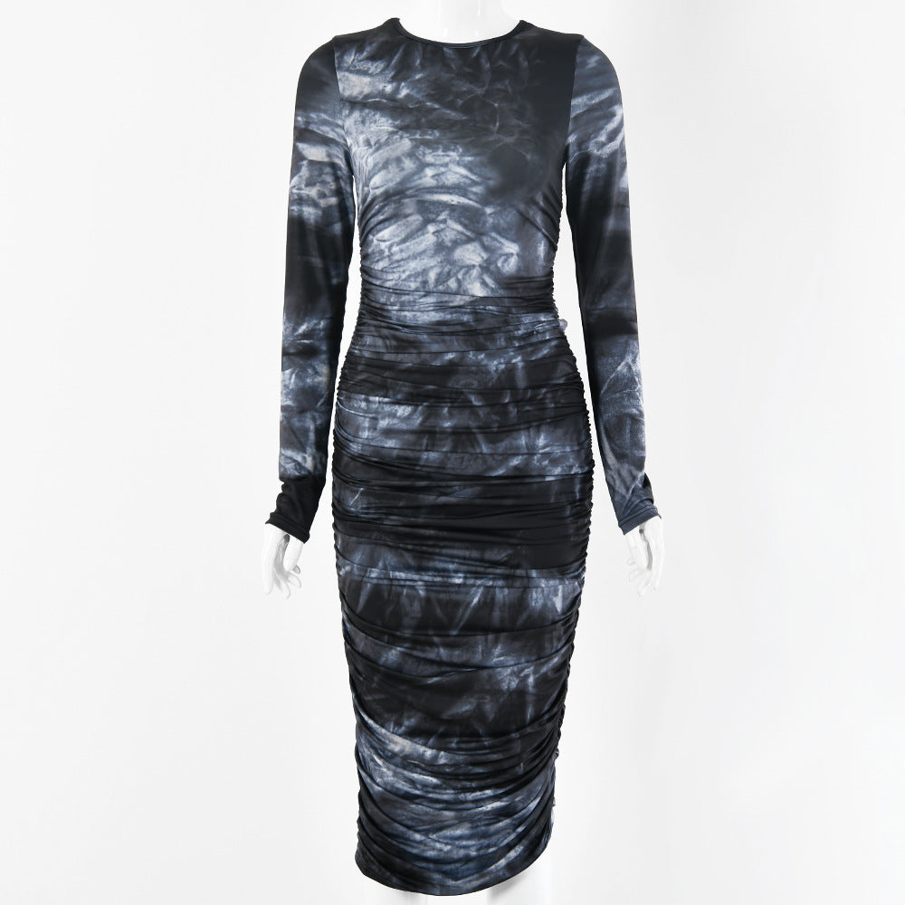 Long-sleeved Round-neck Slim Printed And Dyed Dress