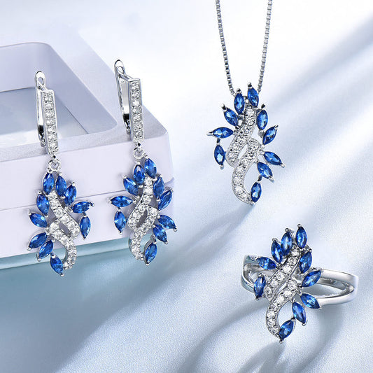 925 Sterling Silver Sapphire Leaf Set With Diamond Pendant Earrings Ring 3 Piece Set