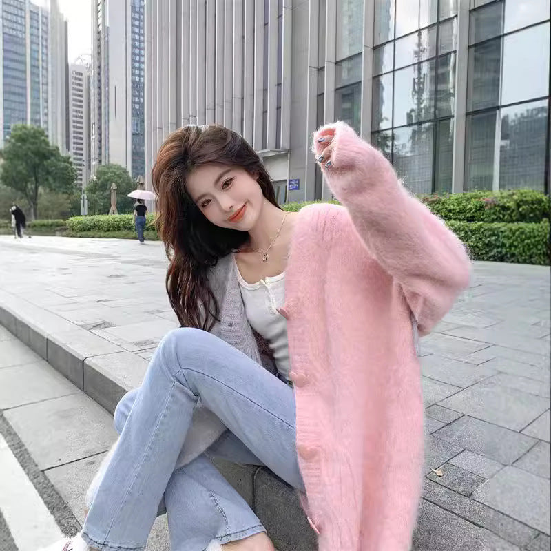 Contrast Color Weave Soft Glutinous Knitted Cardigan Coat For Women