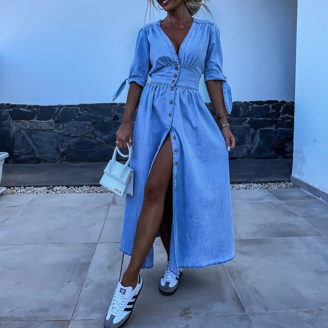 Ladies New Fashion Sexy V-neck Denim Dress