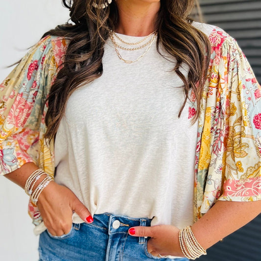 Pull col rond pour femme, chemise ample en mousseline imprimée