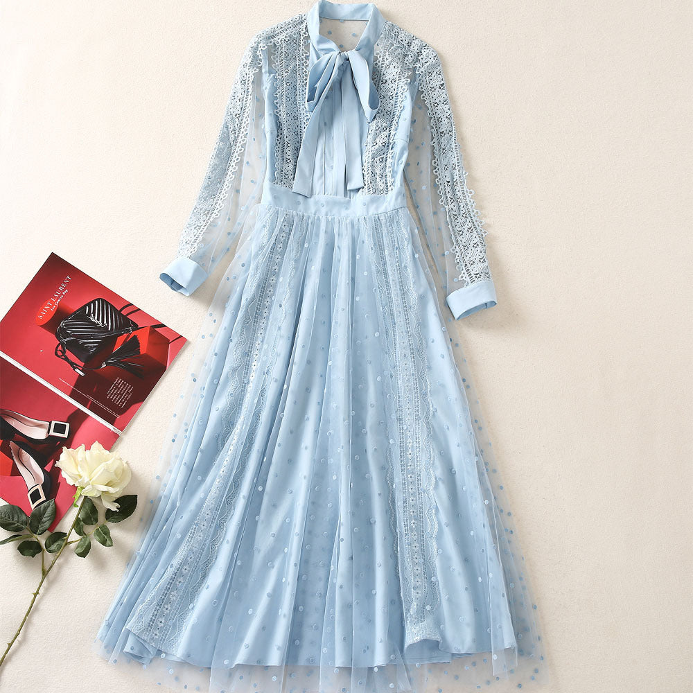 Lace Up Cutout Patchwork Polka Dot Mesh Long Sleeve Dress