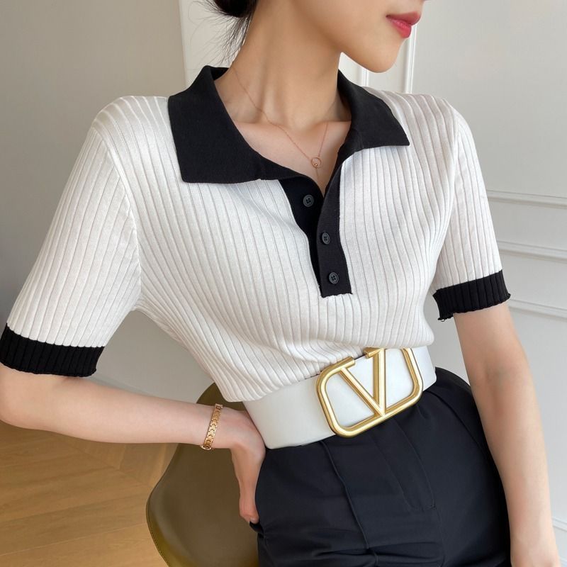 Contrast Color Polo Collar Ice Silk Knitted Short Sleeve T-shirt Women's Thin Top