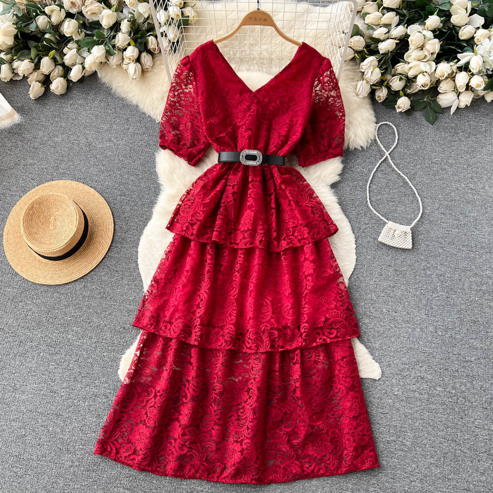 V Neck Dress With Lace Up Waist For Women