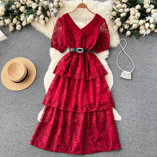 V Neck Dress With Lace Up Waist For Women