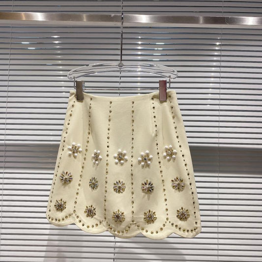 Handmade Three-dimensional Rhinestone Flower Beaded Gradient A-line Skirt