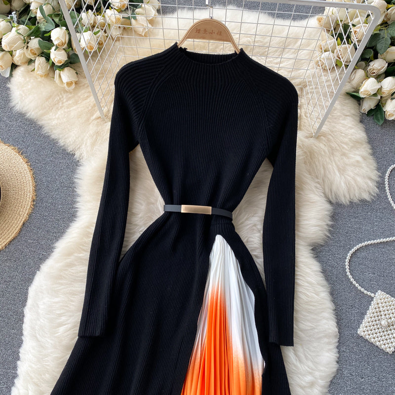 Hepburn Style Elegant Knit Stitching Pleated Slim Waist Dress