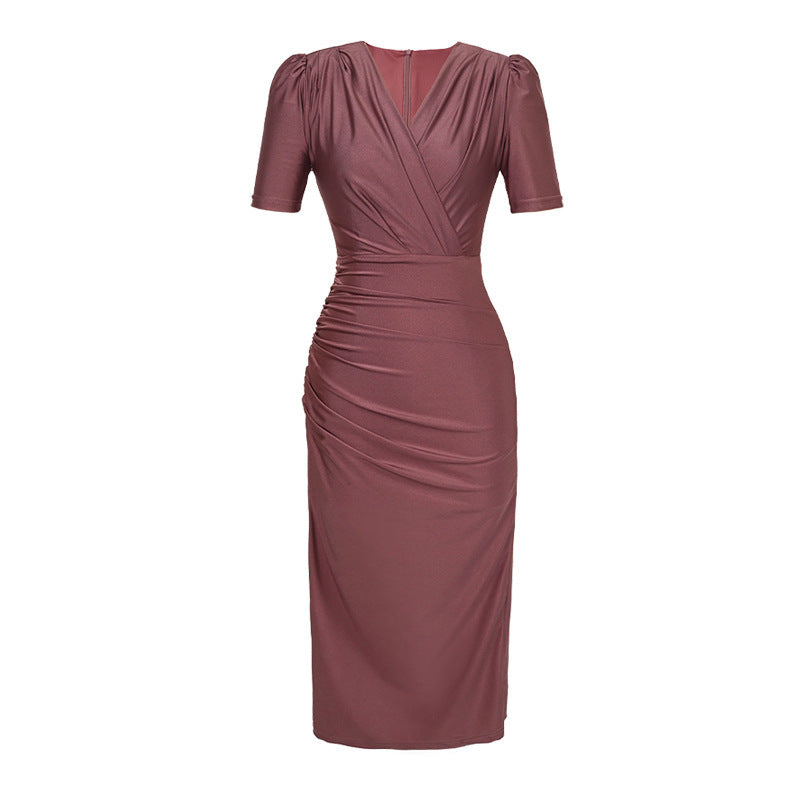 Retro French V-neck Slim-fit Slimming High-grade Purple Dress