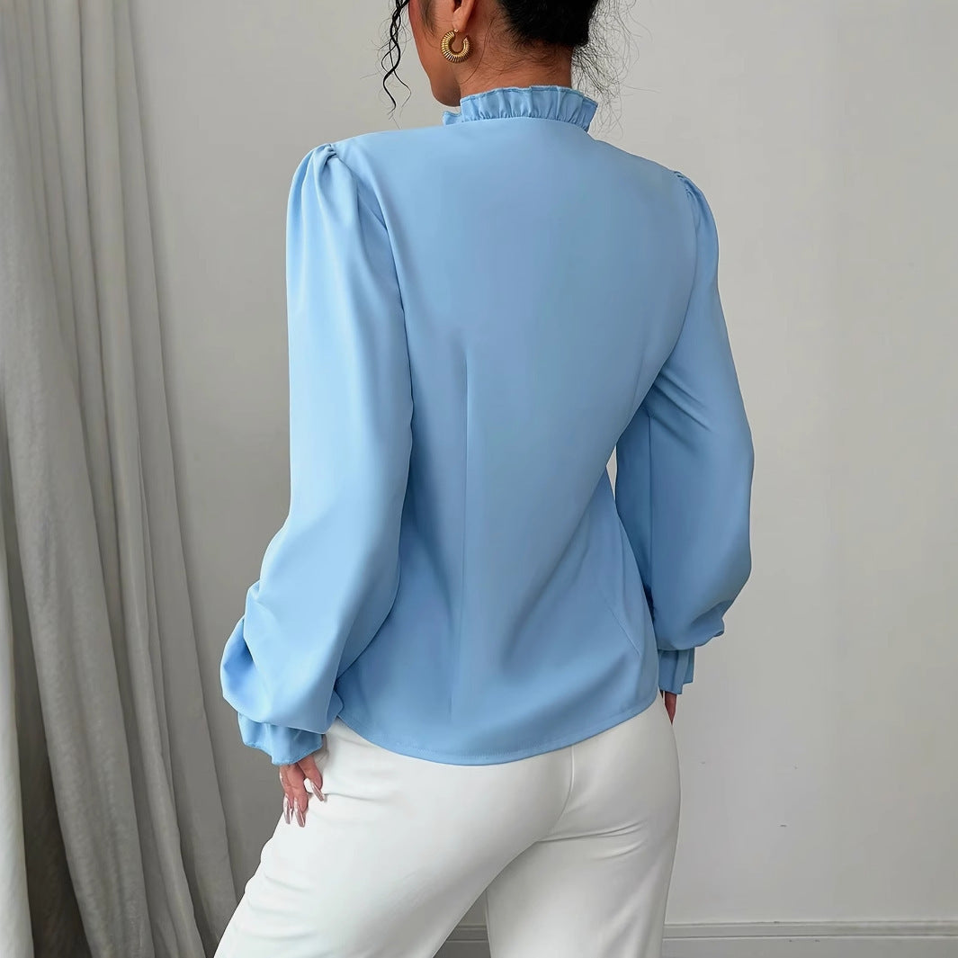 Women's Elegant French Asymmetrical Button-down Collar Ruffle Long Sleeve Blouse