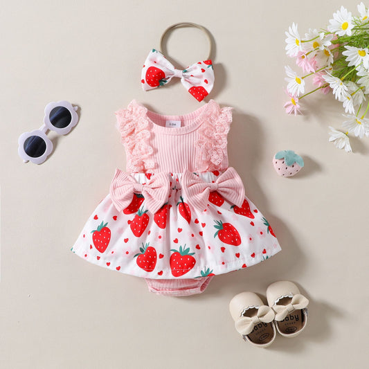 Infant Toddler Strawberry Print Bow Sleeveless Summer Romper