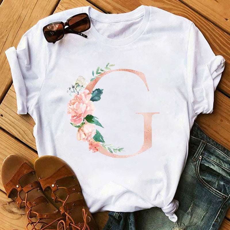 Camiseta informal con estampado de flores y letras INS26 para mujer