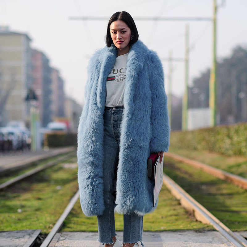 Abrigo de lana con solapa de piel sintética engrosada para otoño e invierno para mujer