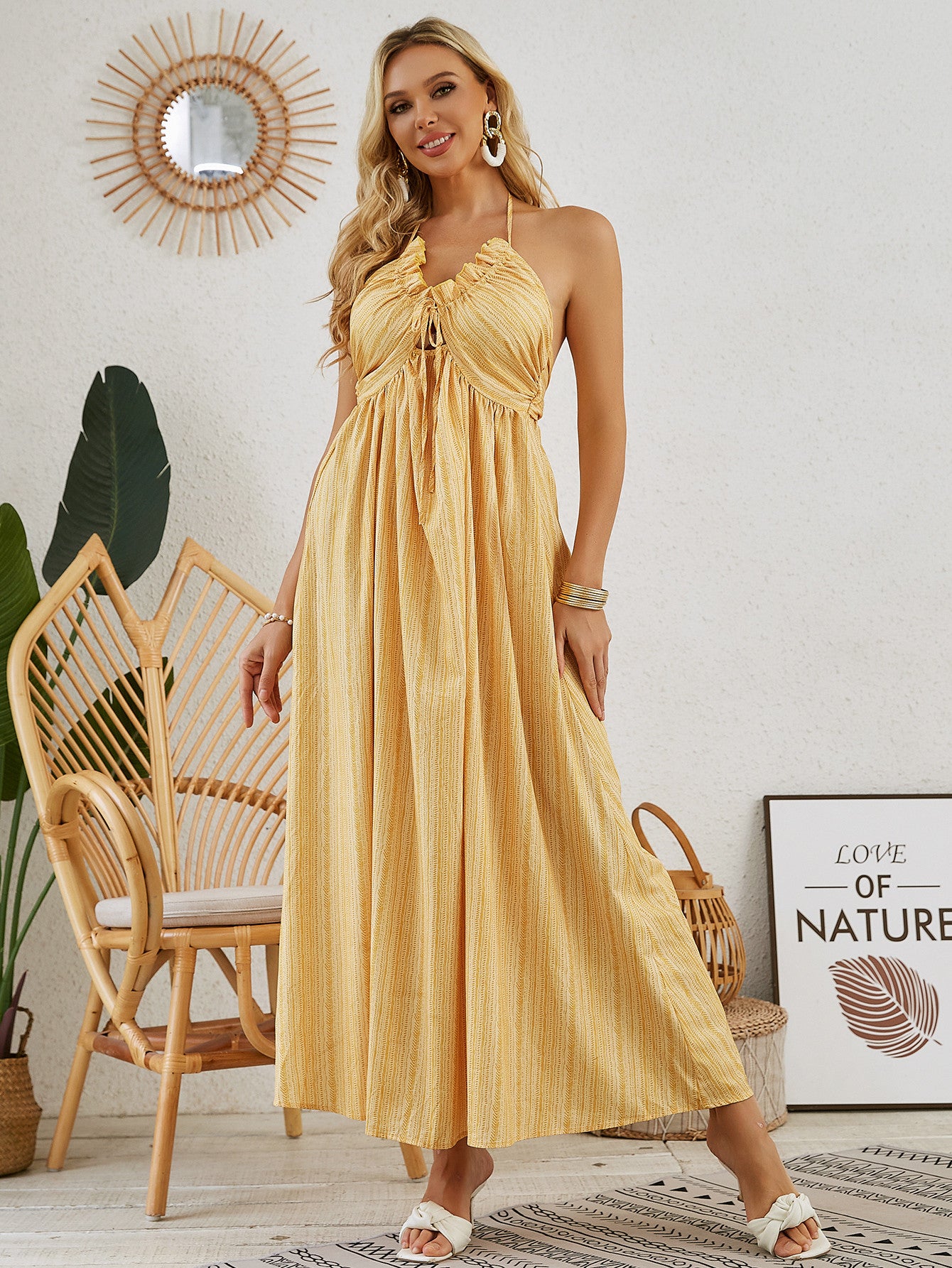 Bohemian Halter Maxi Dress - Women's Summer Sleeveless Flowy Beach Dress