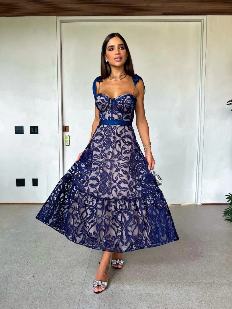 Blue Embroidered Printed Sling Backless Long Dress