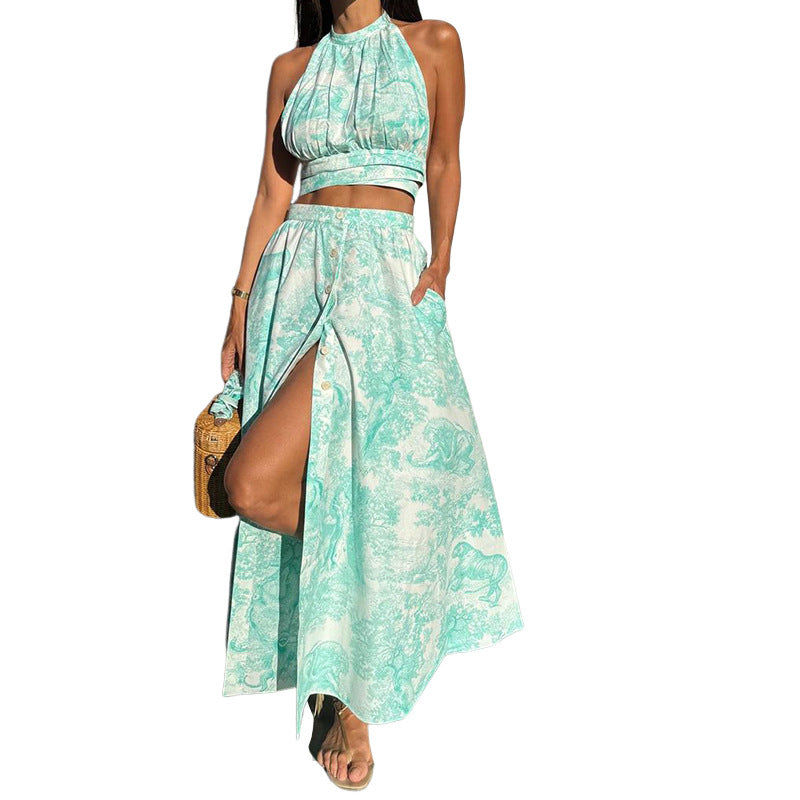 Vacation Style Printed Tube Top Top And Skirt Suit Two-piece Set