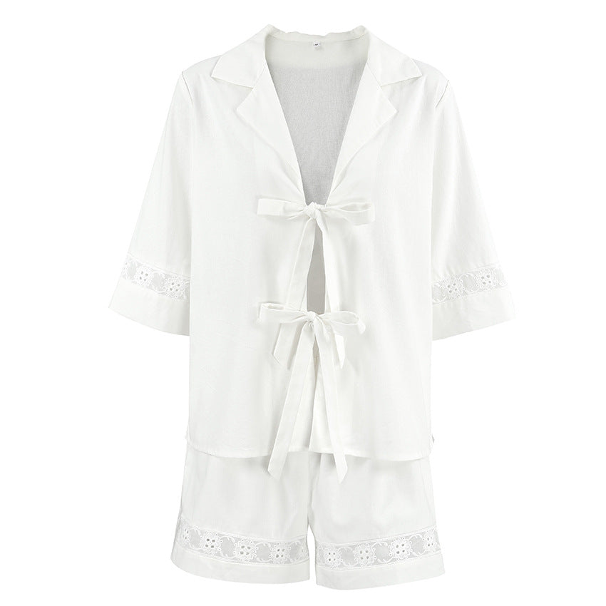 Women's White Loose And Simple Cotton And Linen Half-sleeve Shirt Shorts Two-piece Set