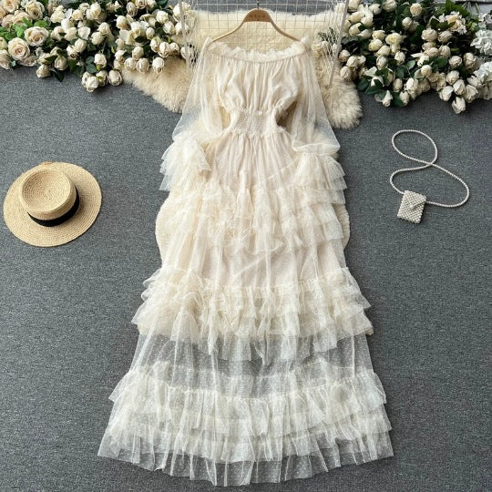 French Style High-grade Ruffled Mesh Cake Dress