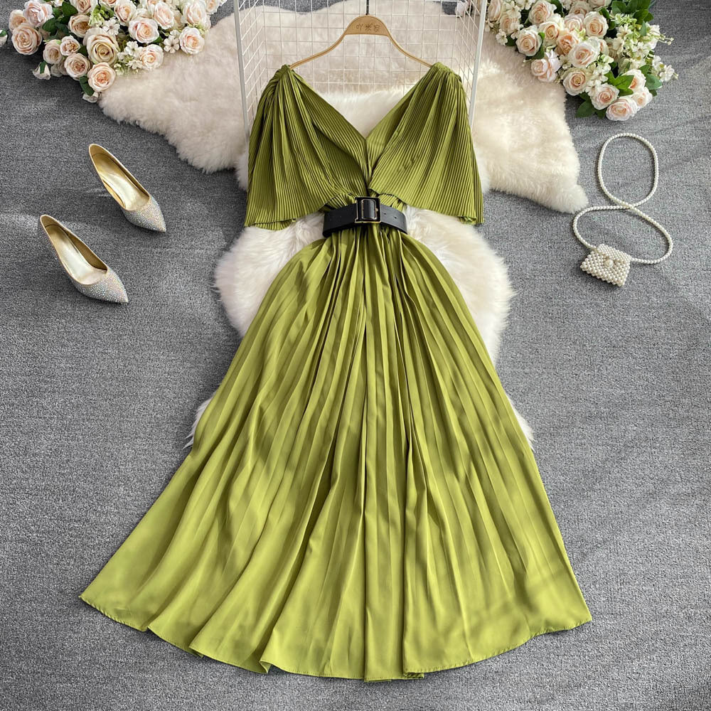 V-neck Flounce Waist Slimming A- Line Pleated Dress Elegant Swing Long Dress