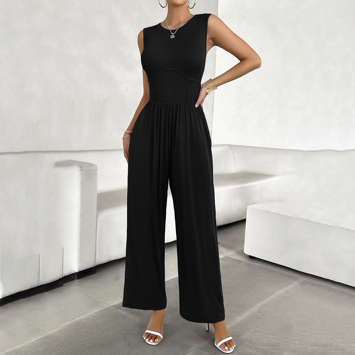 Temperament Pure Color Slim Sleeveless Jumpsuit