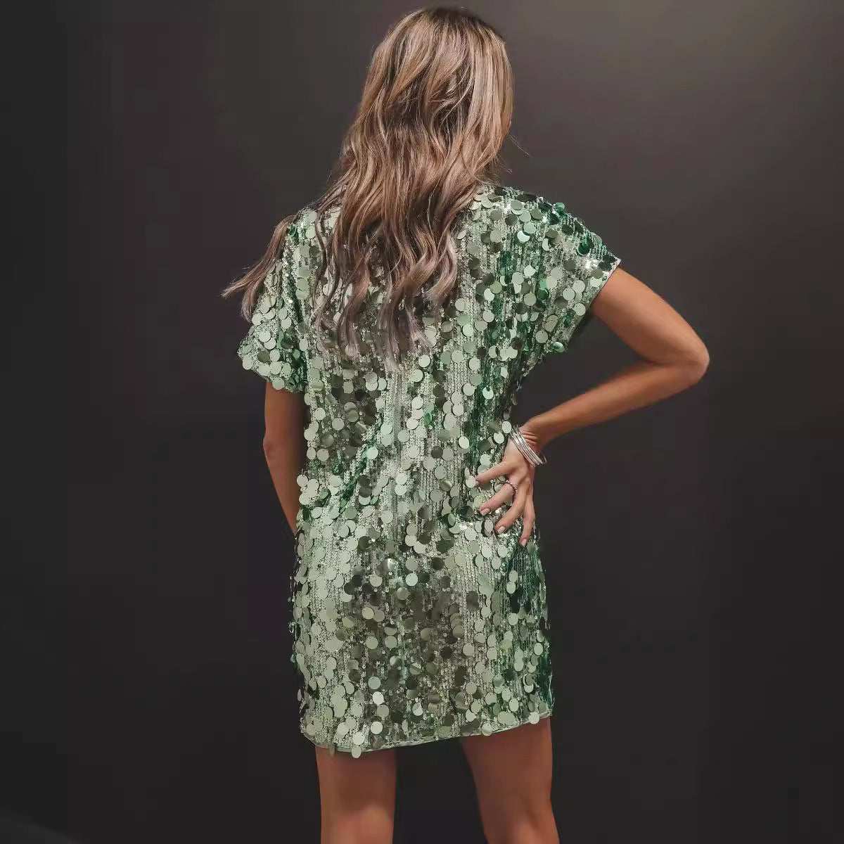 Round Neck Long Sleeve Loose Plus Size Sequins Dress