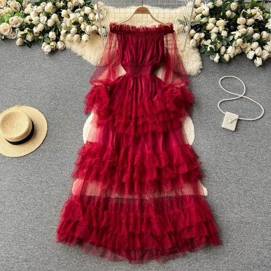 French Style High-grade Ruffled Mesh Cake Dress