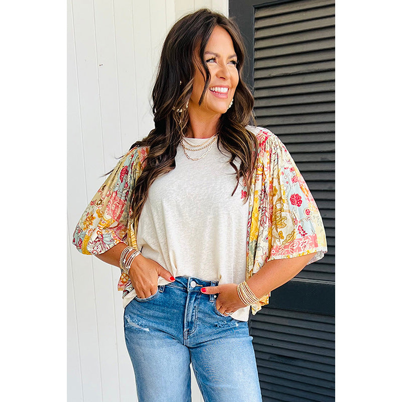 Pull col rond pour femme, chemise ample en mousseline imprimée