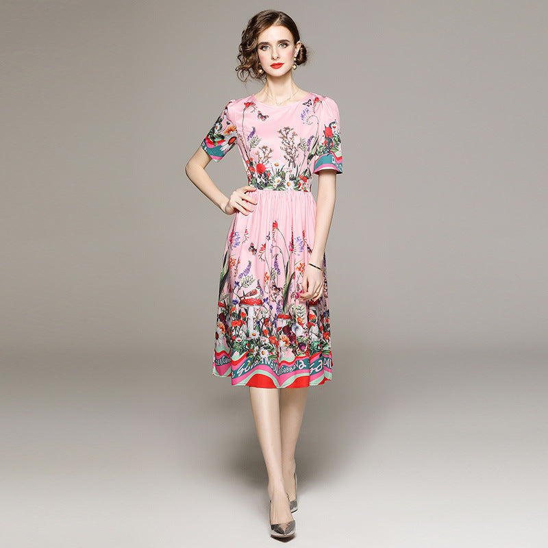 Floral Printed Short Sleeve Dress With Lining