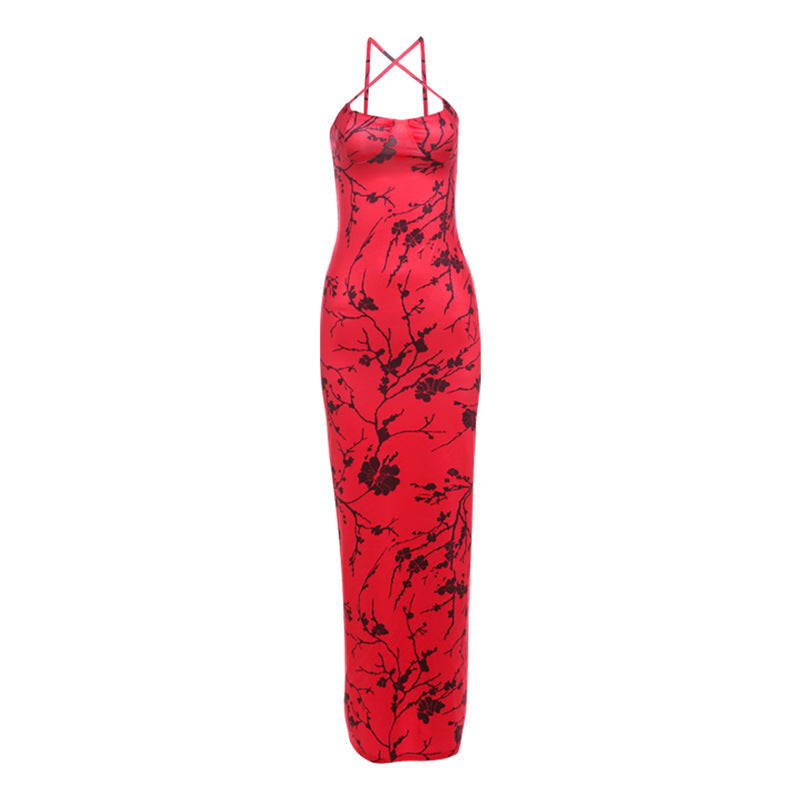 Red Printed Dress Elegant Slim Fit