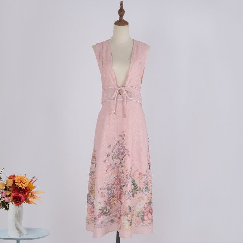 Deep Design V-neck Pink Positioning Printing Sleeveless Holiday Fashionable Cotton And Linen Dress