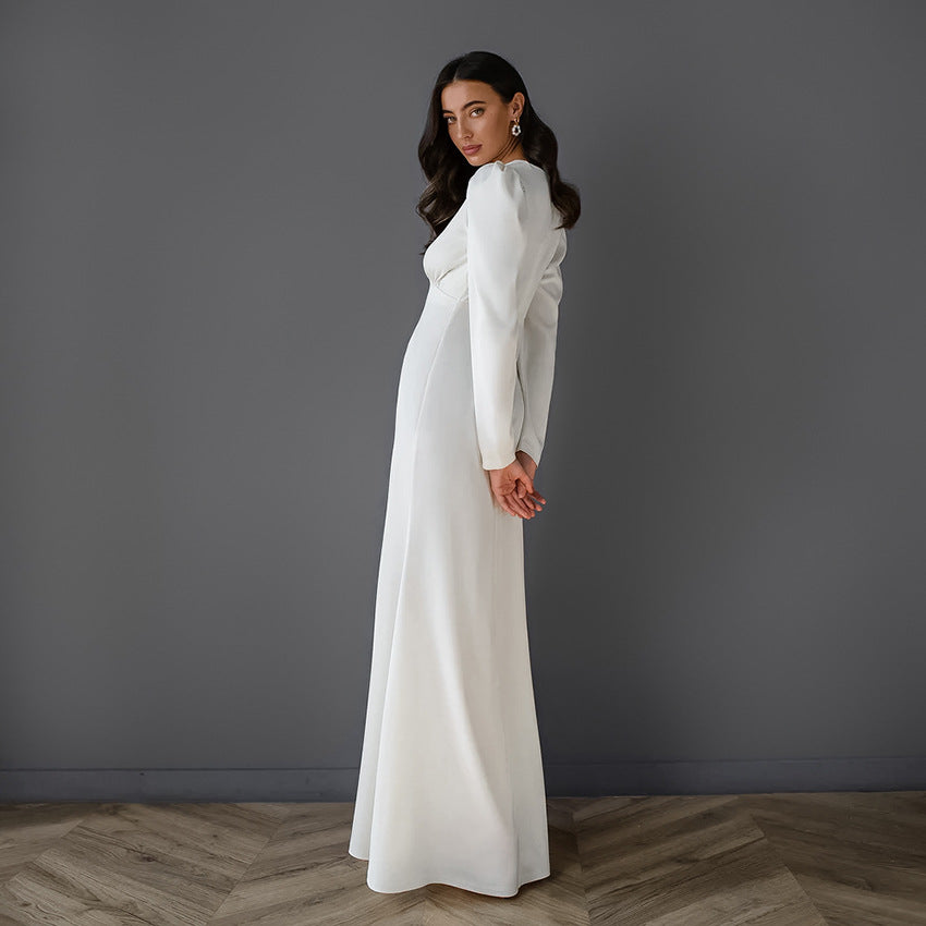 Satin White V-neck Puff Sleeve Split Waist Fitted Fishtail Dress