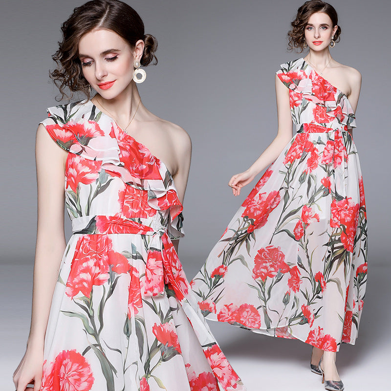 One-shoulder Ruffled Printed Long Elegant Dress