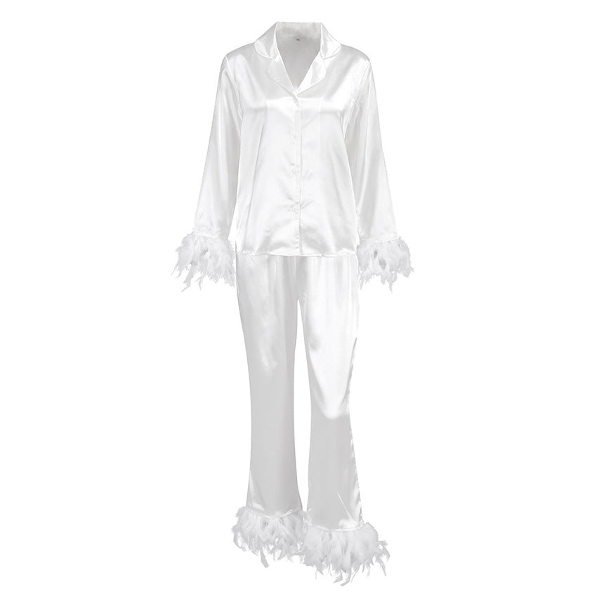 Ice Silk Pajamas Fashion Ostrich Feather Shirt Trousers Loose Two-piece Suit