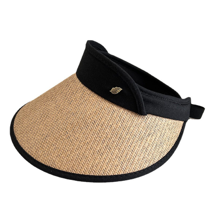 South Korea Encrypted Leaf Label Topless Straw Hat Wide Brim Face Cover Sun-proof Outdoor