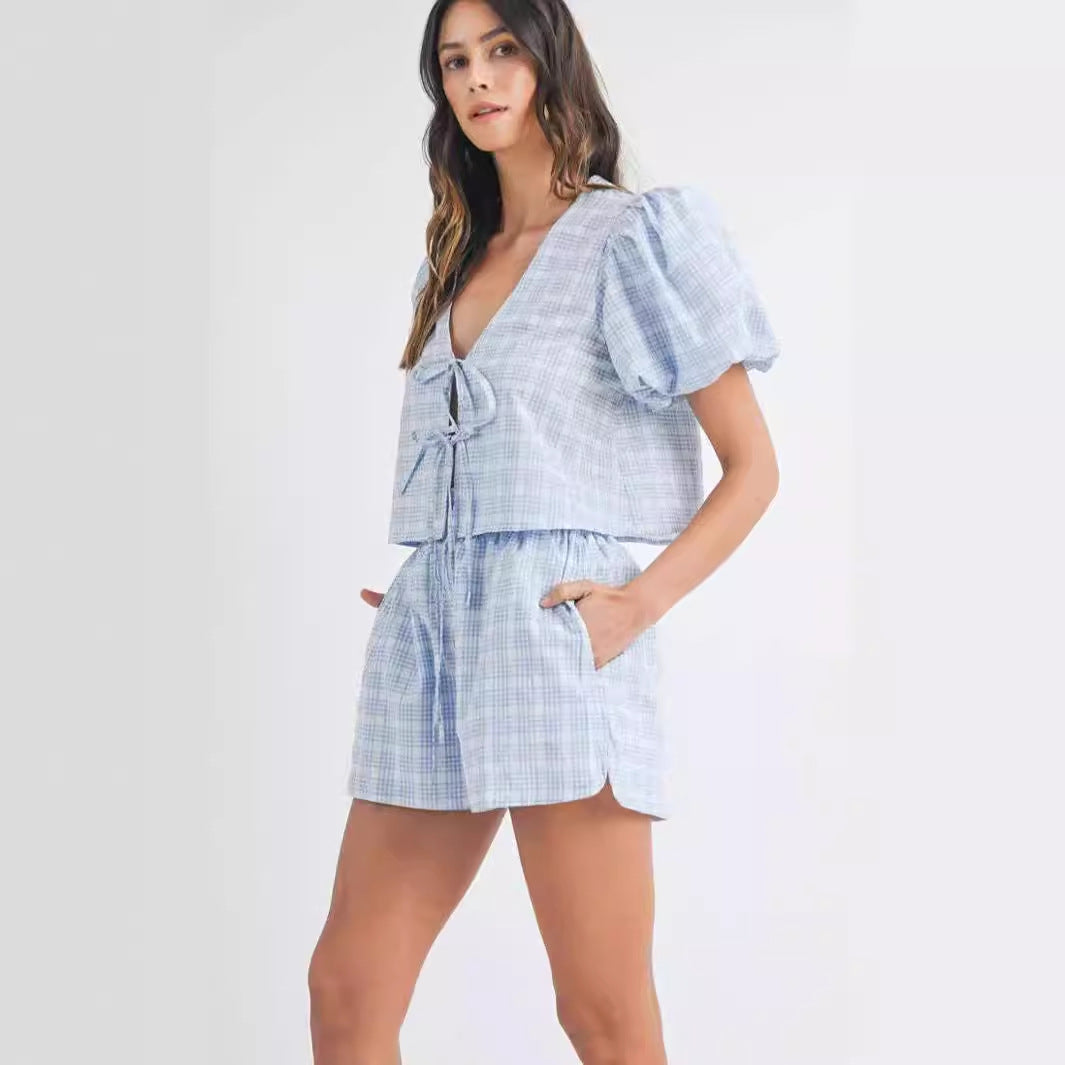 V-neck Lace-up Bow Puff Sleeve Top Casual Shorts Plaid Two-piece Set