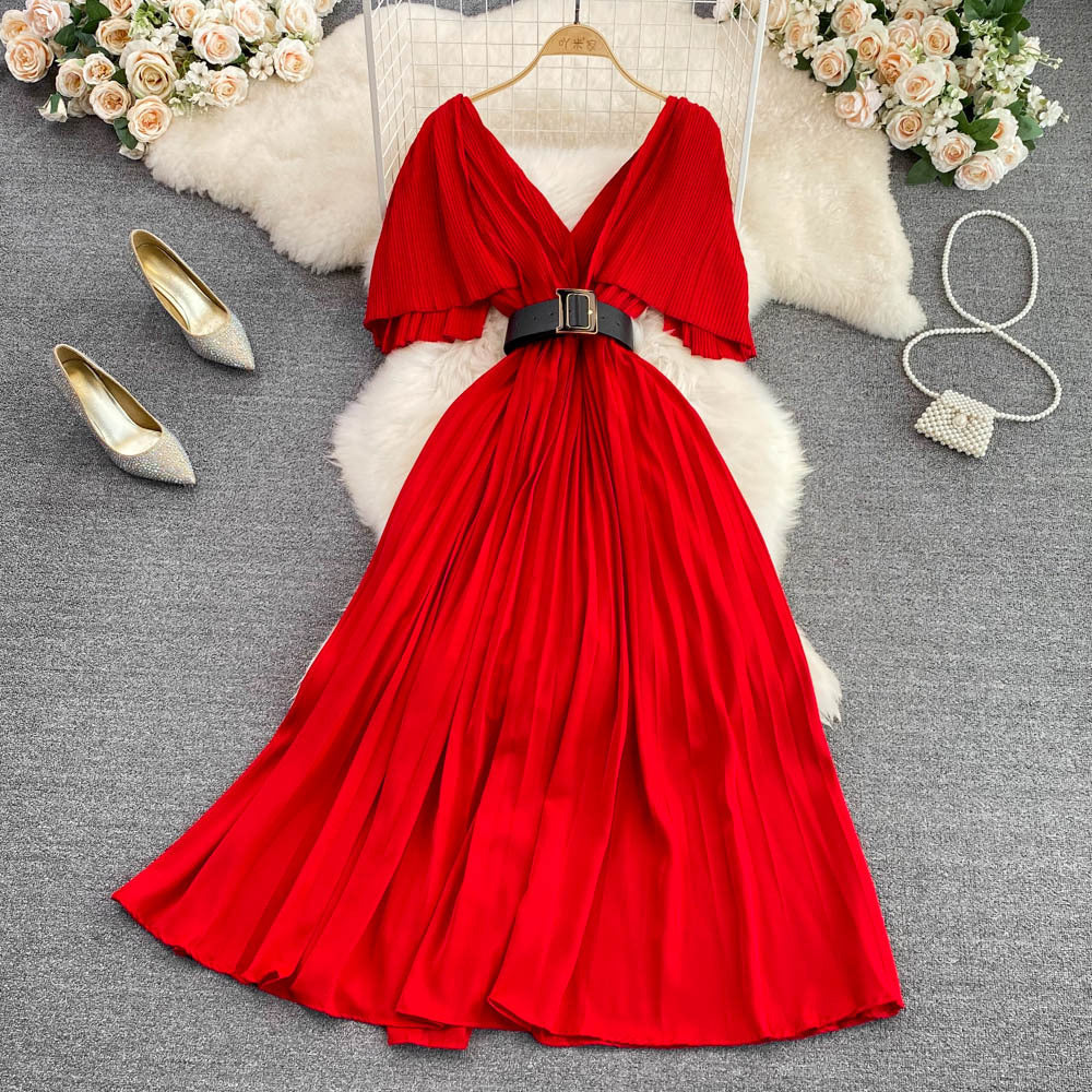 V-neck Flounce Waist Slimming A- Line Pleated Dress Elegant Swing Long Dress