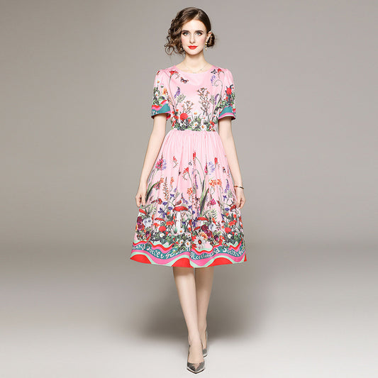 Floral Printed Short Sleeve Dress With Lining