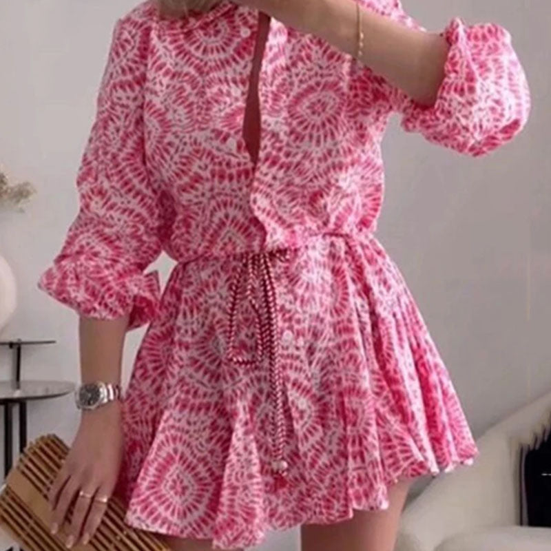 Vestido de manga larga con volantes estampado vintage para mujer