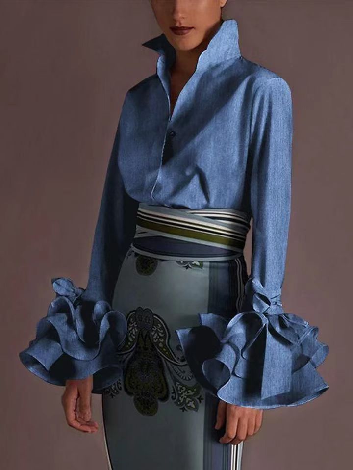 Chemise à manches longues plissée à volants et manches évasées pour femme