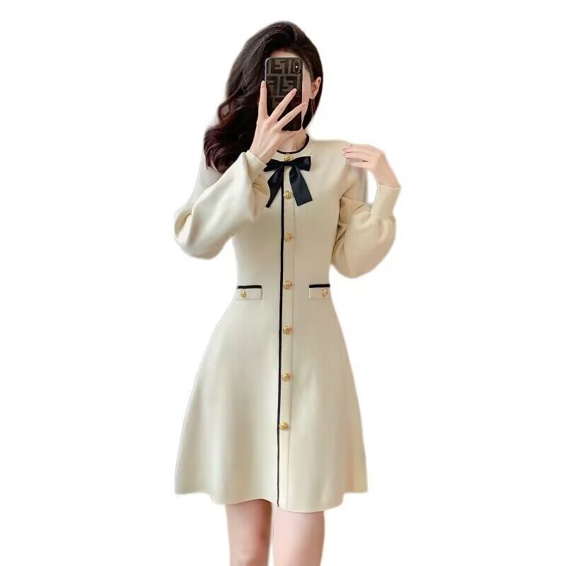 French Style Goddess Temperament Dress Winter Lantern Sleeve Collar Knitted Dress