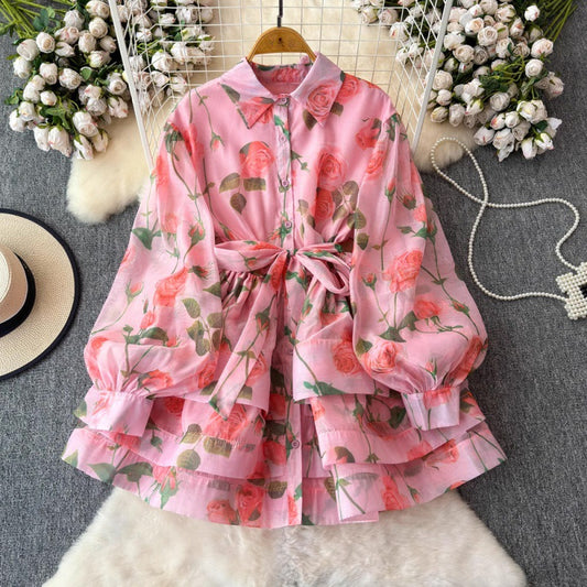 Retro Lace Up Waist Trimming Printing Ruffled Tiered Dress Short Shirt Legant Jumpsuit