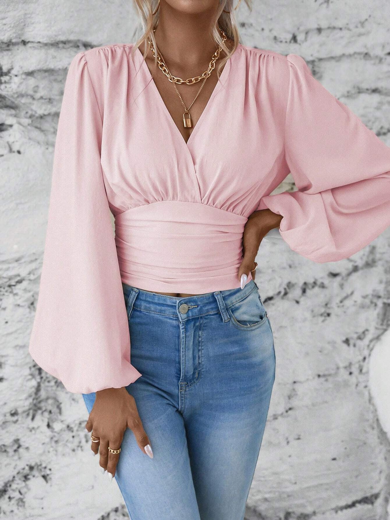 V-neck Sleeve Solid Color Pleated Women's Long-sleeved Top