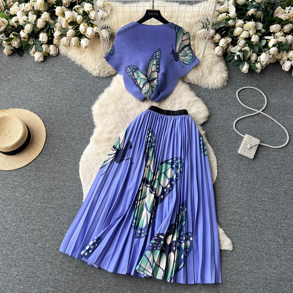 Stretch Short-sleeved Top High Waist Pleated Skirt Two-piece Set