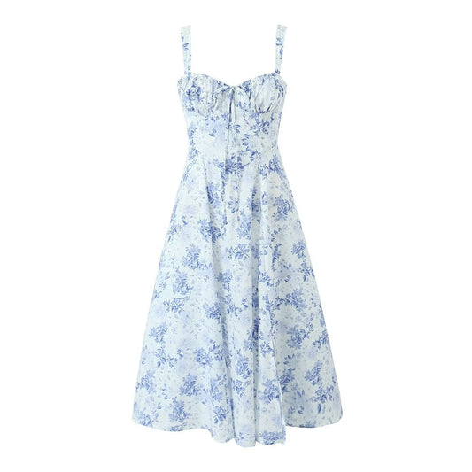 Women's Blue And White Porcelain Cotton Printed Midi Strap Dress