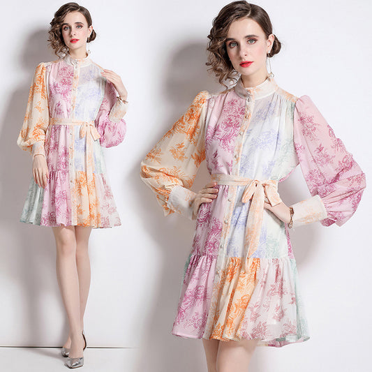 Stand Collar Long Sleeve Printed Stitching Mid-length Holiday Dress Two-piece Set