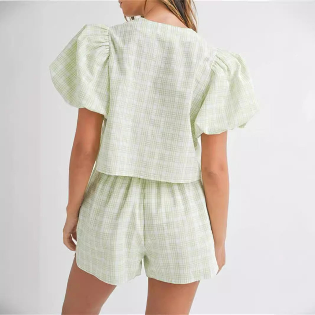 V-neck Lace-up Bow Puff Sleeve Top Casual Shorts Plaid Two-piece Set