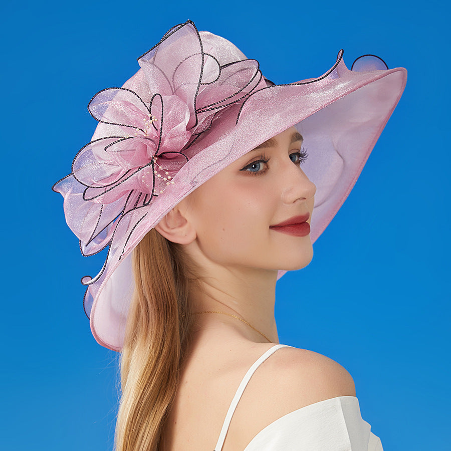 Sun Protection Hat Women's Organza Solid Color Large Flower Sun Hat British Lady Elegant Graceful