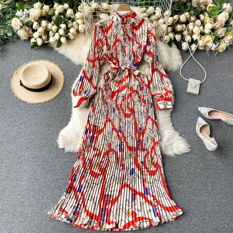 Retro Printing Pleated Long Dress