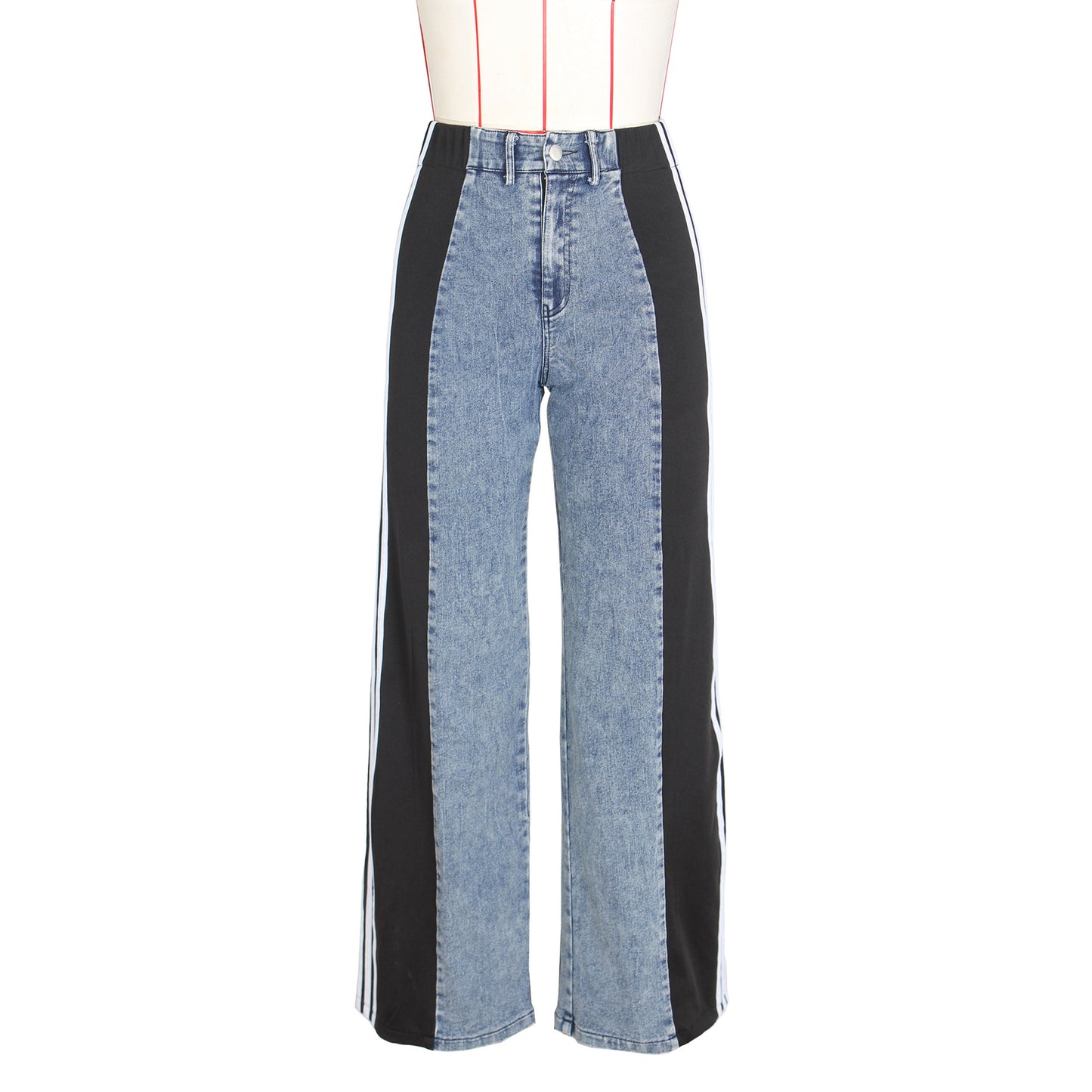 Fashion Stitching Wide Leg Denim Trousers Women's High Waist Stretchy Straight-leg Pants