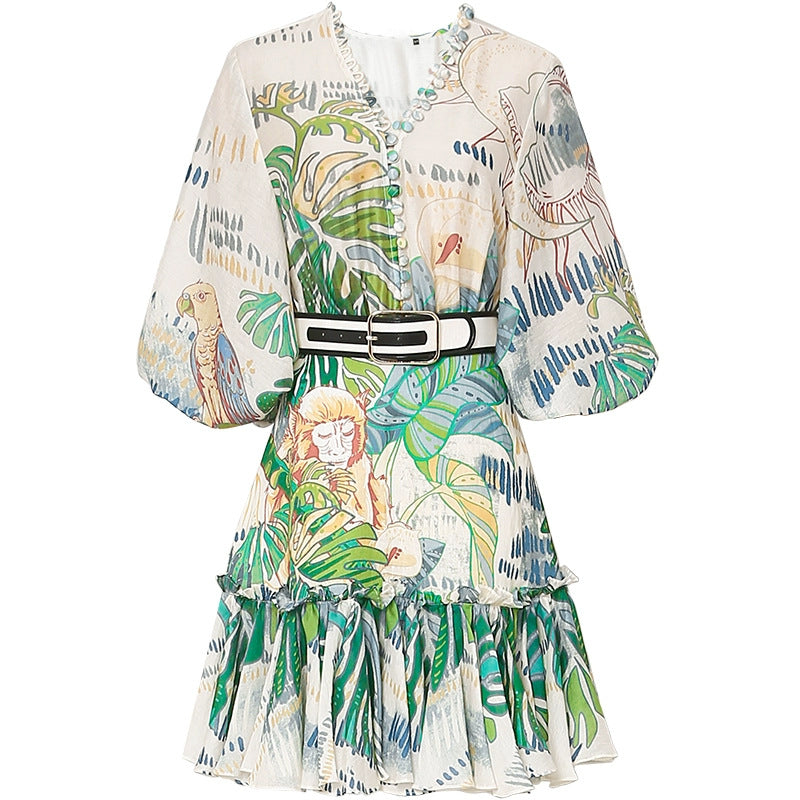 Retro Lantern Sleeve Waist Slimming Green Printing Dress